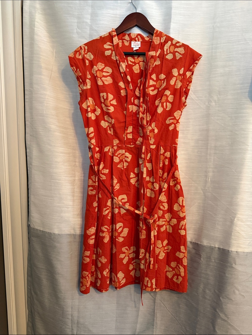 Red Floral Midi Dress with Tie Waist